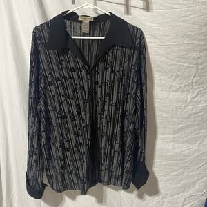 Notations 2x black shimmer collared front zip black silver burn out top euc